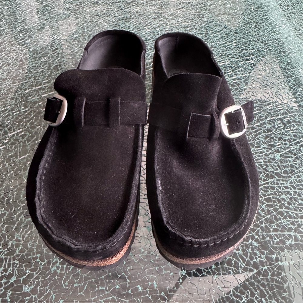 Birkenstock Black‎ Suede Slip-On Mule with Silver Logo 40